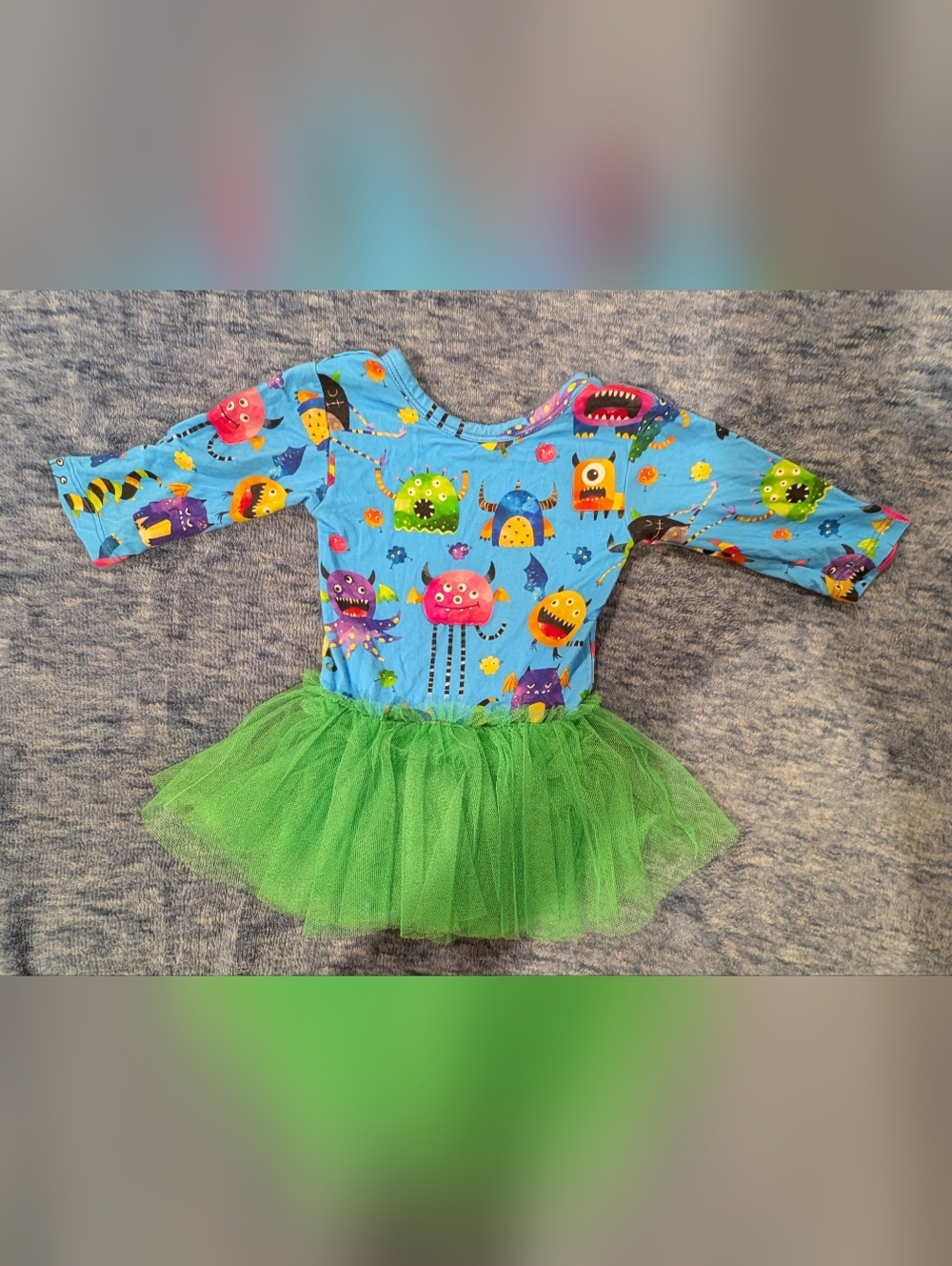 Muse Threads - Blue Monster Print Tutu Dress for Kids - Green Tulle Skirt